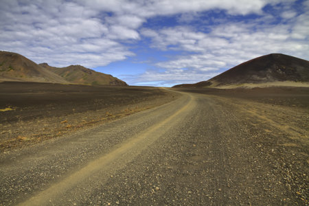 Icelandic desert road through a volcanic landscape, Berserkjahraun, Snaefellnes peninsula, Iceland,HDR imageの写真素材