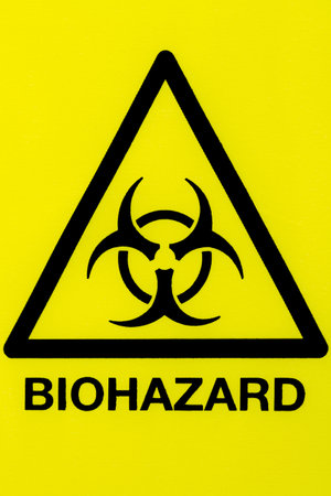 Close up of a biohazard symbol in a warning triangle black on yellowの写真素材