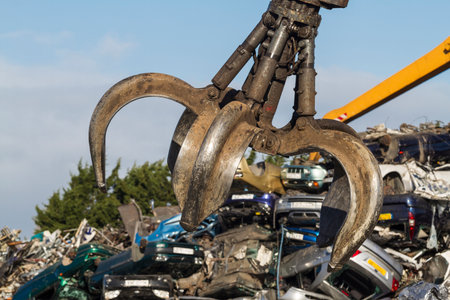 Close up of a Crane grab in a Scrapyard swinging above scrap carsの写真素材