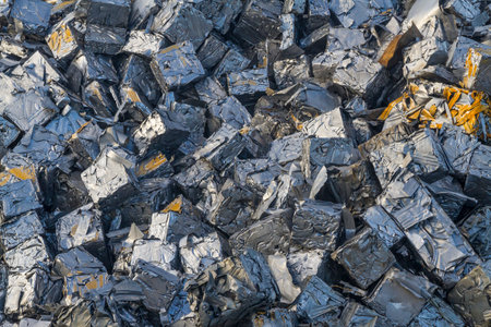 Close up of a pile of crushed cars all reduced to cubes of metal