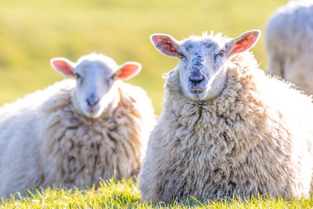 Back lit sheep lying down on grass facing camera on a sunny winters dayの写真素材