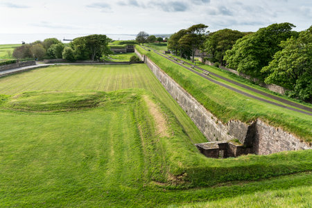 The Town of Berwick on the border between England and Scotland, changed hands several times and as a result was heavily fortified. These defences were built in Tudor timesのeditorial素材