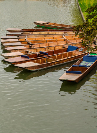 Punts moored on the bank of the river Cam, Cambridge, England on a bright spring day