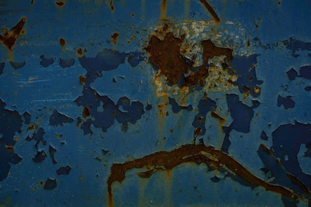 Rusted metal with blue flaking paint. Use as a texture or to describe age.の写真素材