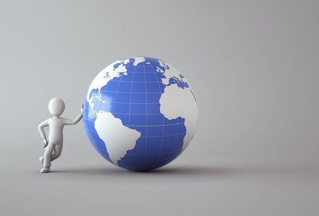 3d character with blue globeの写真素材