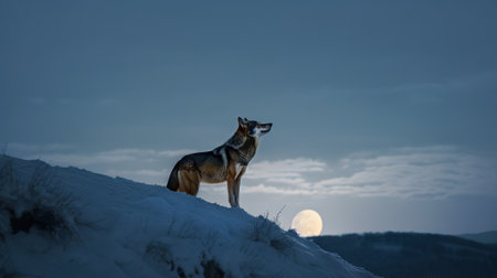 A solitary wolf standing on a snowy hill, howling at the full moon in the clear sky above - Generative AIの素材
