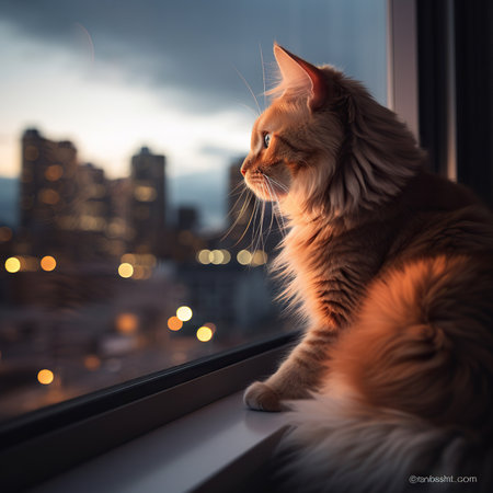 Cute orange cat sitting on a windowsill overlooking a bustling city street - Generative AI, AI generatedの素材