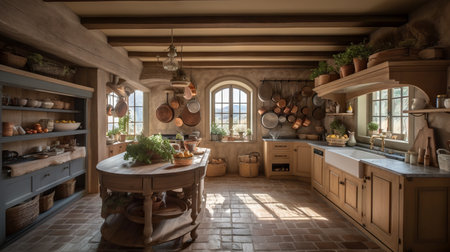 French Country Kitchen - generative AI, AI generatedの素材