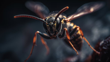 Wasp in flight close-up on blurred background, generative AIの素材