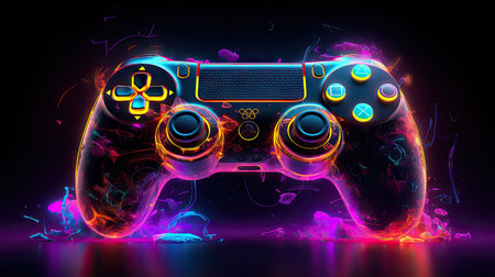 Glowing neon light gamepad - generative AI, AI generatedの素材