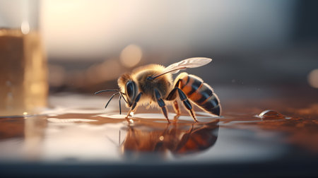 Macrophotography of a honey bee drinking water - Generative AIの素材