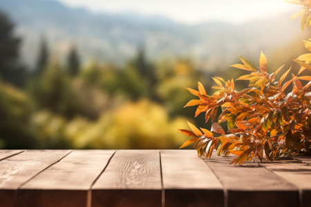 Autumn leaves on wooden table - seasonal concept - generative AIの素材