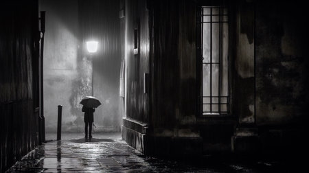 man under the rain with an umbrella in a dark street - generative AIの素材
