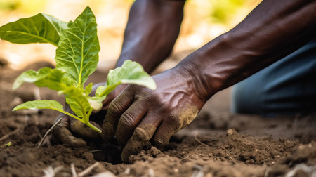 African man holding a plant of tree in the soil - Generative AIの素材