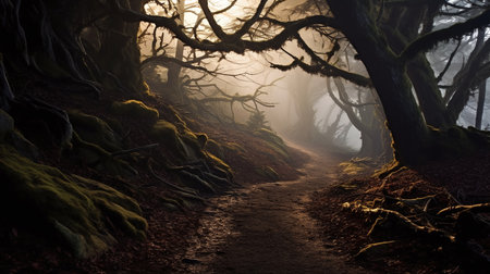 Path through misty foggy forest - generative AI, AI generatedの素材