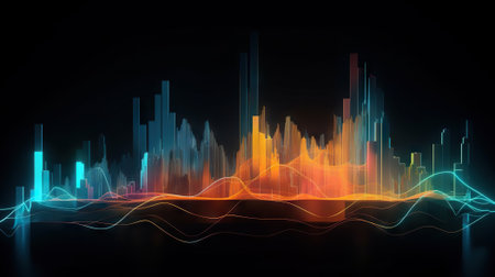 Colorful city skyline in the dark night - glowing colored neon style - generative AIの素材