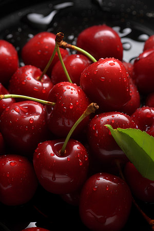 red cherries with water drops on black stone - closeup - generative AIの素材