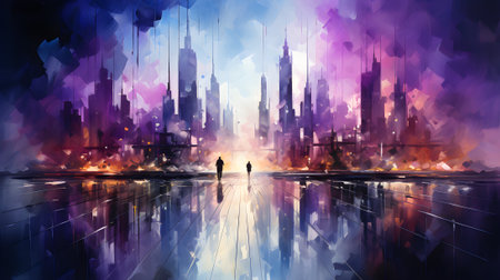 abstract painting of a city with skyscrapers and a tram - generative AIの素材