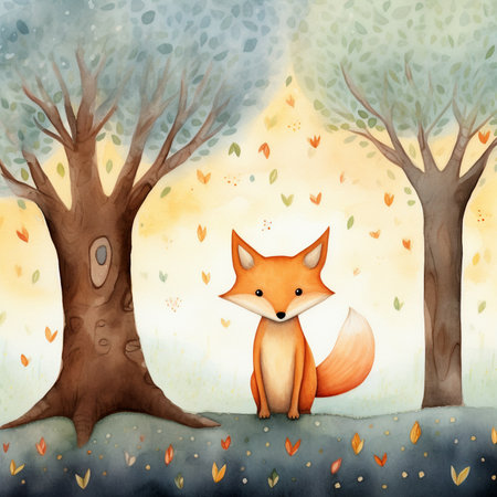 a naive illustration depicting a fox sitting in a forest - generative AIの素材