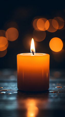 A lit candle with a flame against blue background with defocused lightsの素材