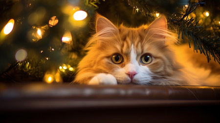 Playful cat peeks out from behind a lush Christmas tree. Xmas related sceneの素材