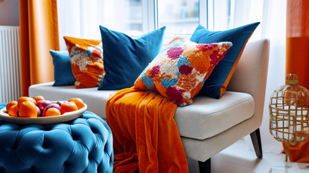 vibrant interior design with colored sofa and cushionsの素材
