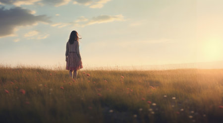 Vintage image of young lady in a prairieの素材