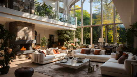 Luxurious Living Room with Fireplace and Forest Viewの素材