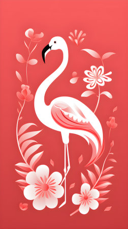 A flamingo with flowers and leavesの素材
