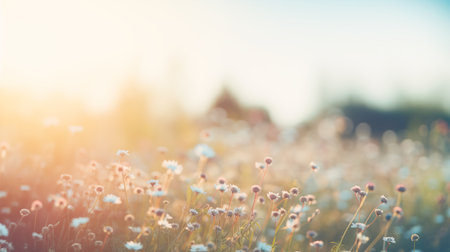 Wildflowers in the sunset light - vintage imageの素材