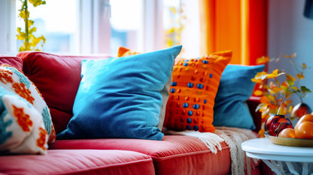 vibrant interior design with colored sofa and cushionsの素材