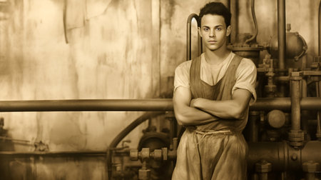 Vintage image of a young man in overalls standing in front of a machineの素材