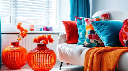 cozy interior with sofa and colored cushionsの素材