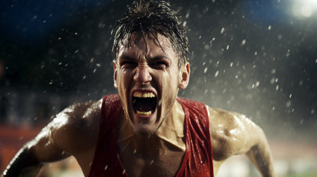 Triumphant Athlete Celebrating in the Rainの素材