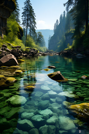Crystal clear river flowing through a sunlit forest with moss-covered rocksの素材