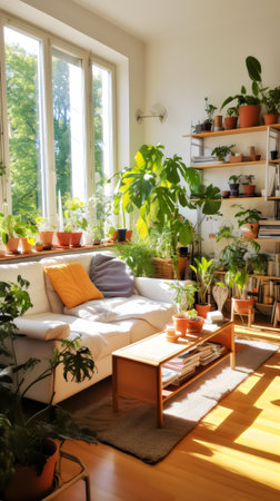 Amidst the lush foliage and cozy furniture, a sunlit room becomes a sanctuary of greenery and relaxationの素材