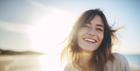 A woman smiling on a beach with her hair blowing in the windの素材