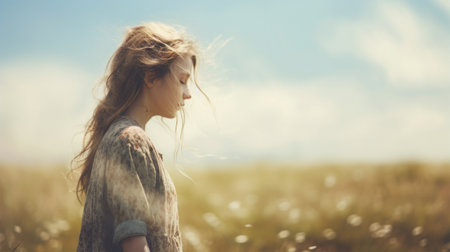 Vintage image of young lady in a prairieの素材
