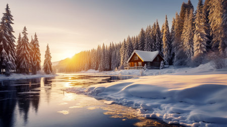 Snow-covered cabin at sunrise by a frozen lake in a pine forestの素材