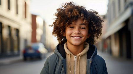 Smiling boy with curly hair stands on street in urban environment during daylightの素材