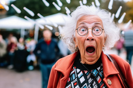 Elderly woman expresses astonishment during a lively outdoor festival in a bustling city settingの素材