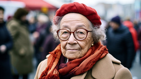 Elderly woman with glasses wearing a red beret and scarf in a crowded outdoor market during winterの素材