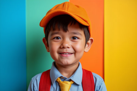 Young Boy in a Colorful Outfit Smiles Against a Vibrant Backdrop in a Playful Settingの素材
