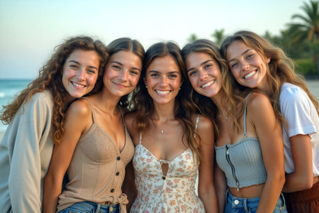 Friends Enjoying a Sunny Day at the Beach With Smiles and Laughter in a Tropical Paradiseの素材