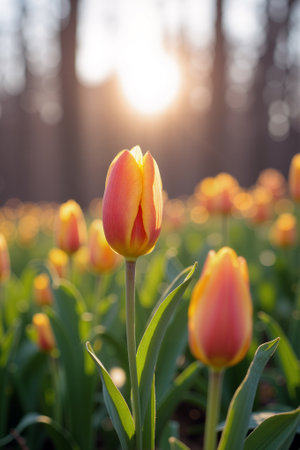 Colorful Tulips Bloom in a Garden at Sunrise in Springの素材