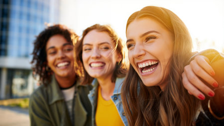 Group of Friends Enjoying a Sunny Day Outdoors in the City While Sharing Laughter and Good Timesの素材