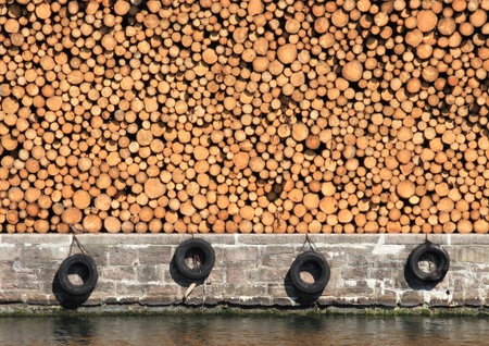 Stack of pinewood timber at pier with tiresの写真素材