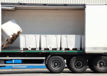 Fish storage boxes in a truckの写真素材