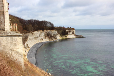 Stevns Klint Coastline with Sea and White Cliff and Reflections from Limestone Clayの写真素材