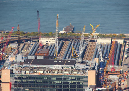 Skyscraper Construction Site with Cranes in Aerial Perspective at Hudson Riverのeditorial素材